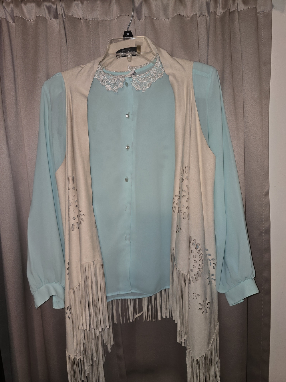 Light Blue Lace-Collar Blouse with Cream Fringe Vest Layering